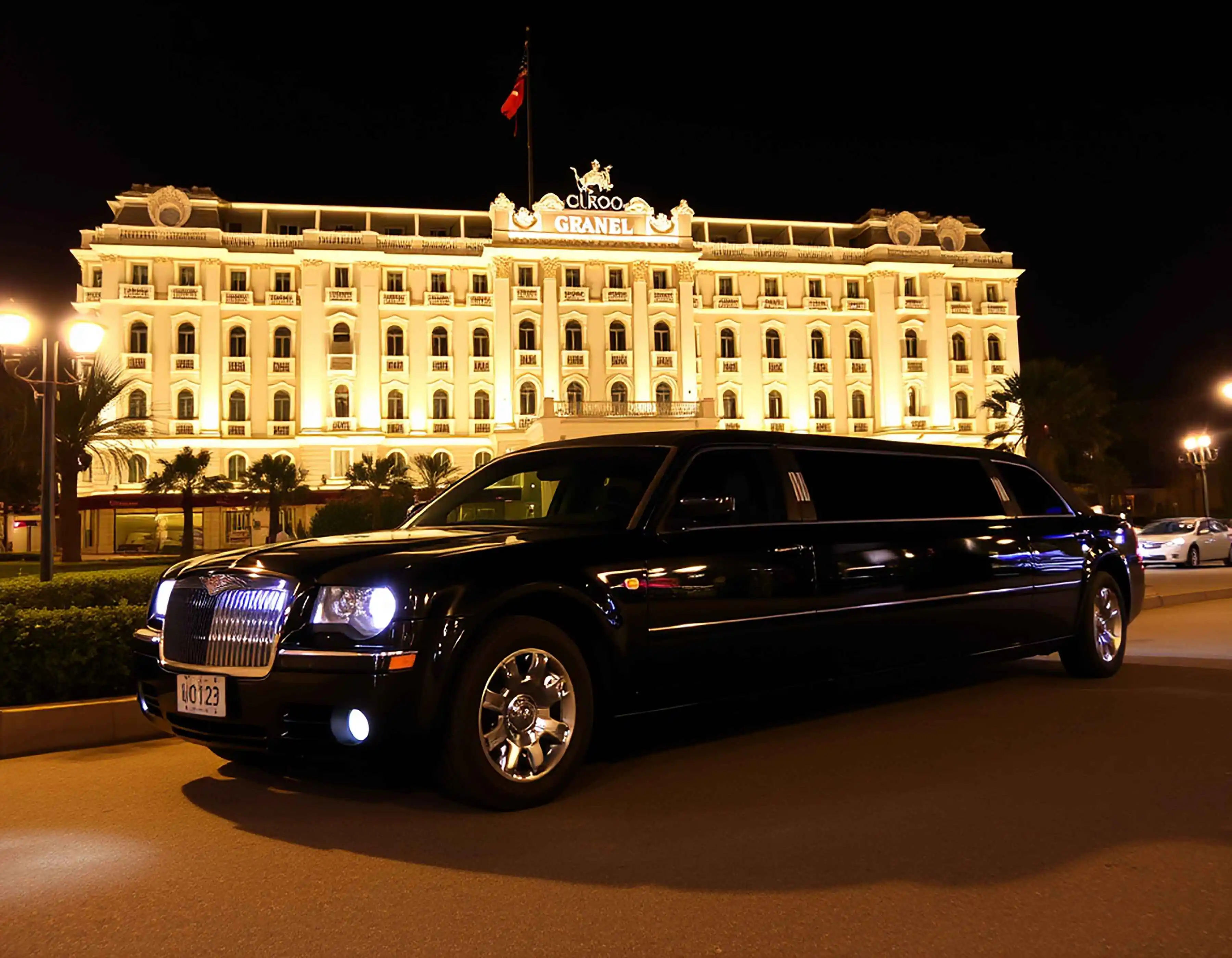 A black stretch limousine parked at night outside a floodlit grand hotel